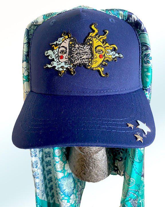 Lunar Sol Navy Cap with Silver Turquoise Patterned Paisley