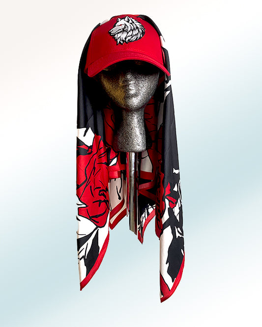 Red Eye Winter Wolf with Black & Red Rose Scarf