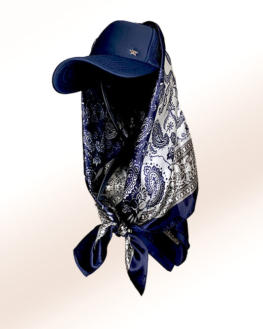Quiet Luxe with Silver Navy Two-Tone Paisley Scarf