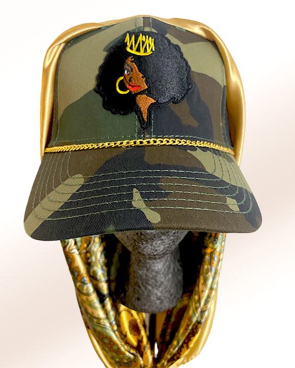 Queen Afro Army Cap with Golden Sunflower Paisley Blend