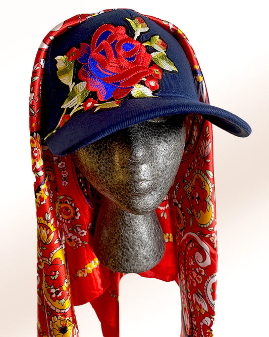 Big Rose Navy Cap with Red Country Paisley Scarf