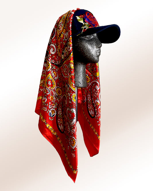 Big Rose Navy Cap with Red Country Paisley Scarf