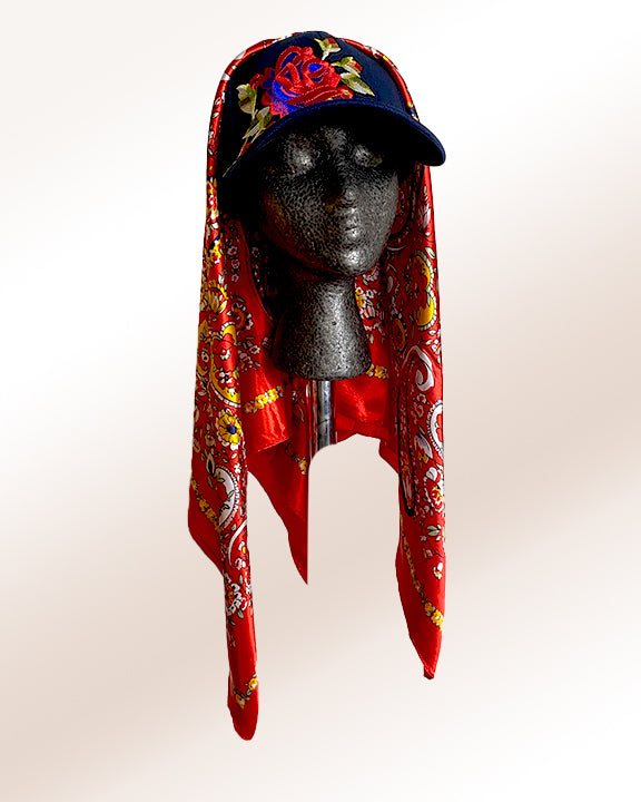 Big Rose Navy Cap with Red Country Paisley Scarf