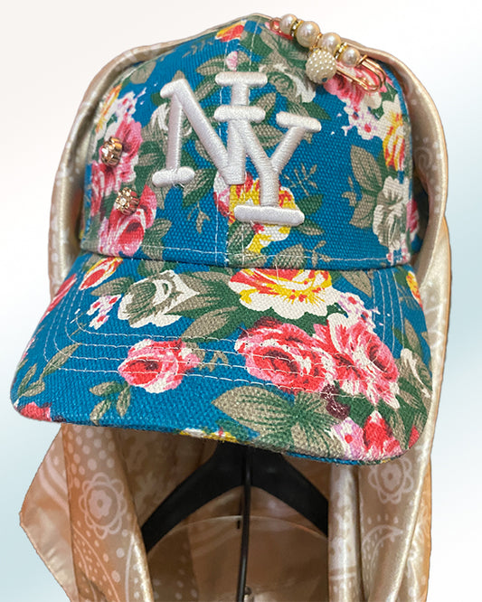 Floral Blue NY Cap & Champagne Paisley Scarf