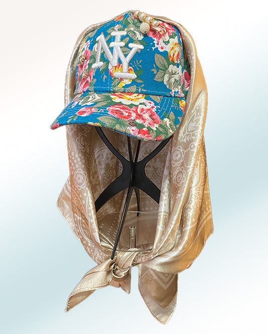 Floral Blue NY Cap & Champagne Paisley Scarf