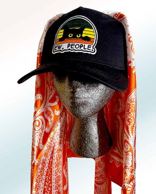 Antisocial Black Cat Cap with Tangerine-n-Cream Paisley Scarf