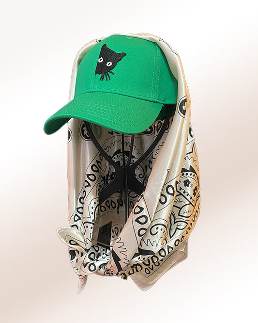 Peak-A-Boo Black Cat Green Cap & White Paisley Scarf