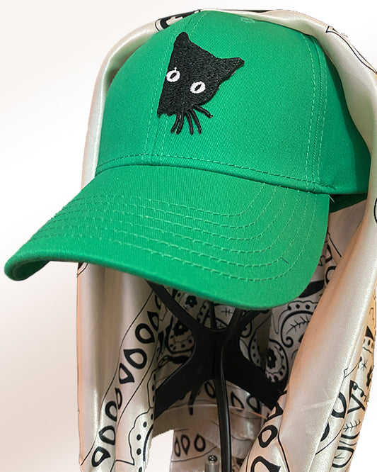 Peak-A-Boo Black Cat Green Cap & White Paisley Scarf