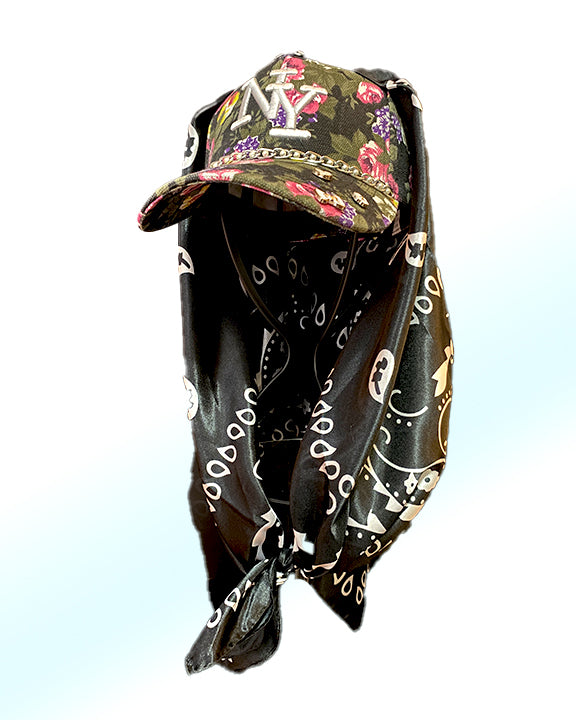 Floral Black NY Cap & Black Paisley Scarf