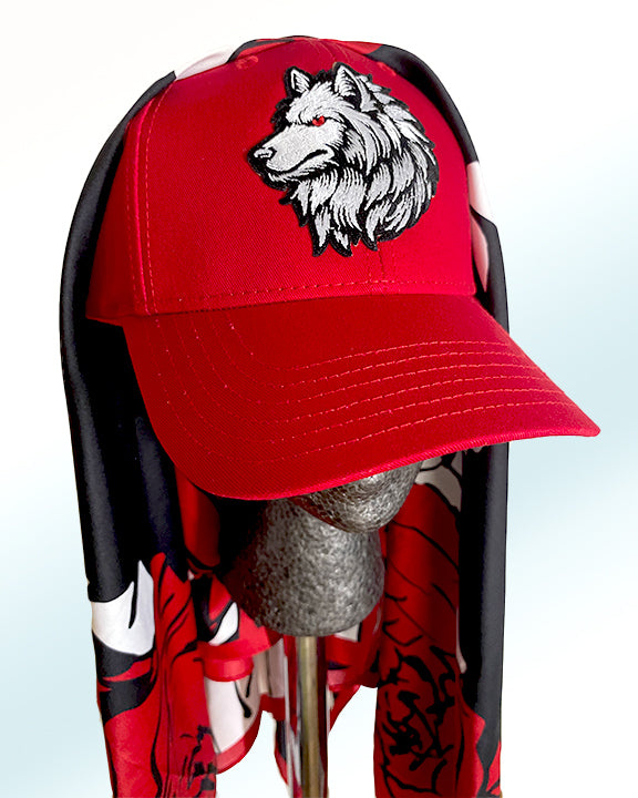 Red Eye Winter Wolf with Black & Red Rose Scarf