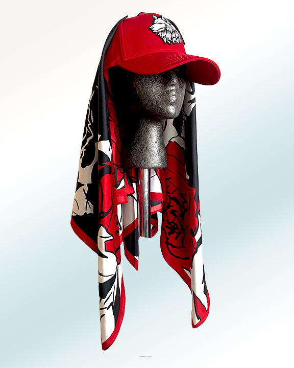 Red Eye Winter Wolf with Black & Red Rose Scarf