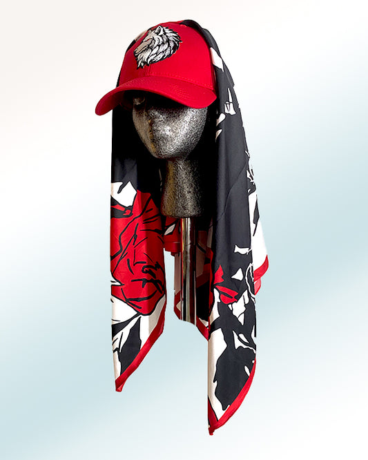 Red Eye Winter Wolf with Black & Red Rose Scarf